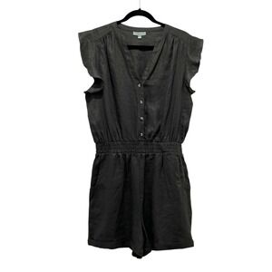 Grade & Gather EUC Linen Romper Women L Gray Ruffle Sleeve Button Front